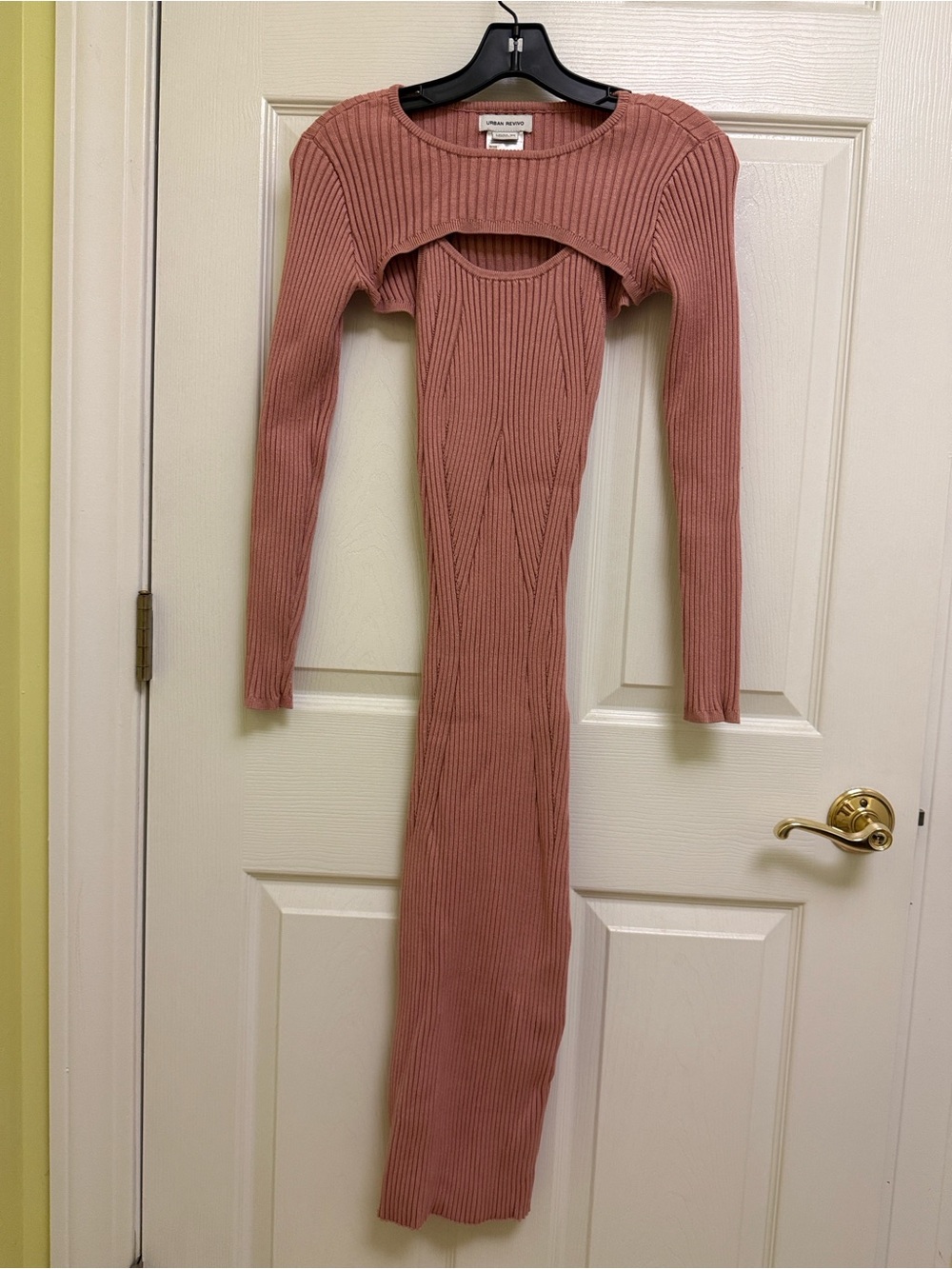 Urban Revivo 2 Piece Ribbed Knit Maxi Dress & Shrug Set in Mauve Pink